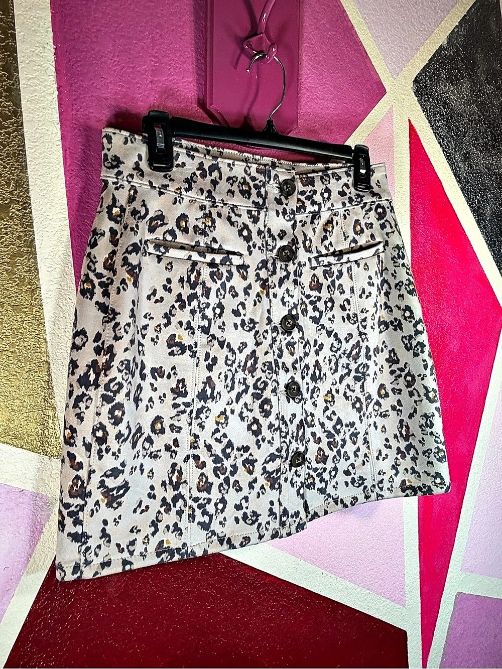 Maurices Leopard Print Faux Suede Button Front Mini Skirt Stretch Size 8